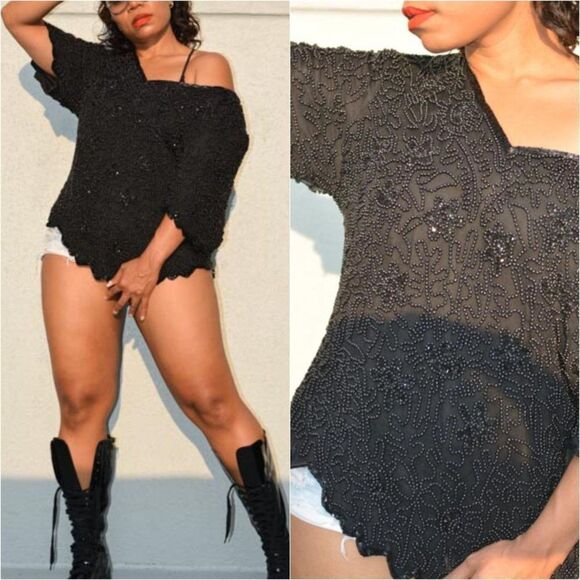 Vintage LAURENCE KAZAR Beaded Evening V-shaped Hem Line Top Size 2XL - Picture 1 of 8